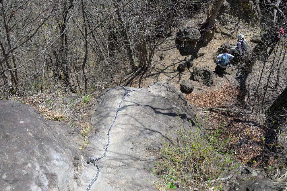 妙義山 大砲岩へ向かう急斜面の鎖場を進む登山風景