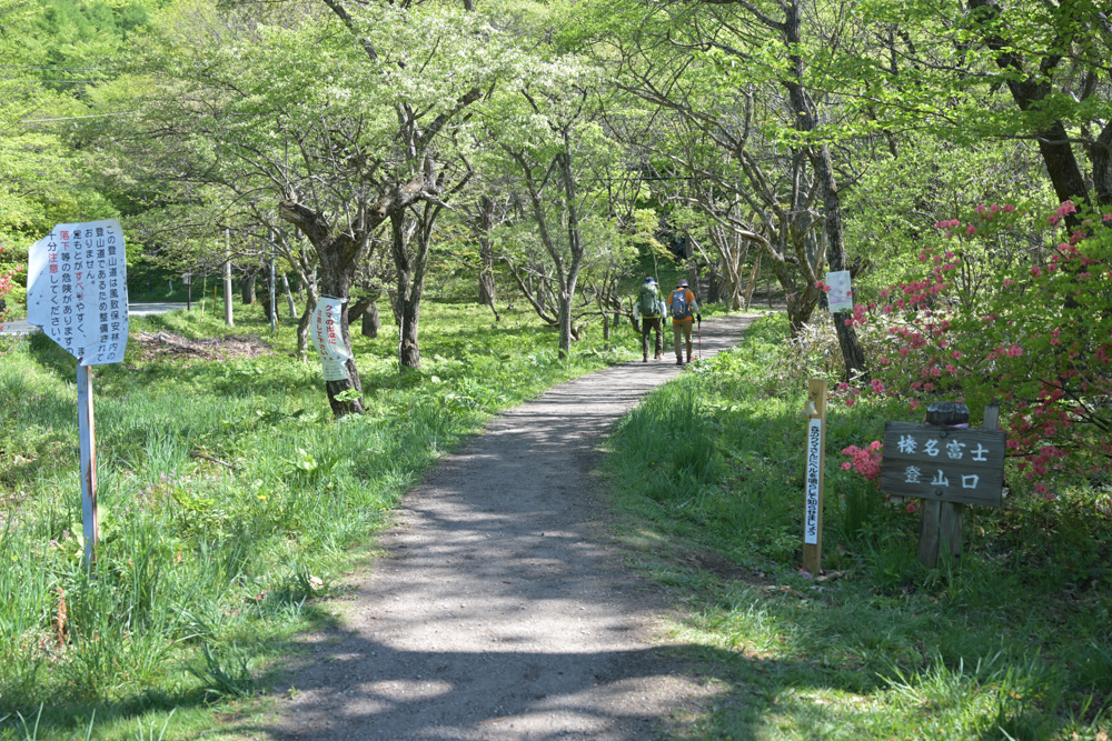 榛名富士登山口の入口風景。木々に囲まれた登山道の入口が写っており、右側には榛名富士登山口を案内する看板が設置されている。