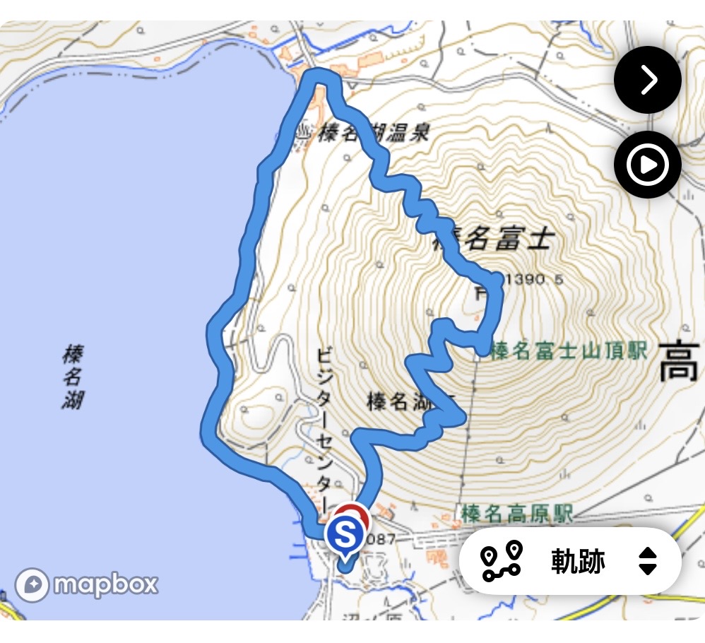 YAMAPの活動記録による榛名富士登山のコースマップ。榛名湖周辺から榛名富士山頂を経由し、ゆうすげの道を下山した今回の登山ルートが表示されている。