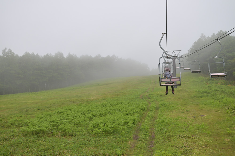 湯の丸高原の夏山リフトから見た景色。霧が立ち込める幻想的な風景の中を進み、レンゲツツジが咲く湯の丸山へ向かう。