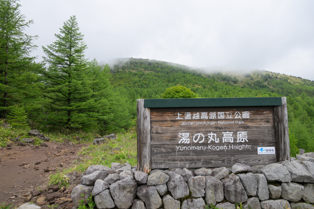 「湯の丸高原」と書かれた案内看板と、その奥にそびえる湯の丸山。初心者登山やレンゲツツジで人気の高原を象徴する風景。