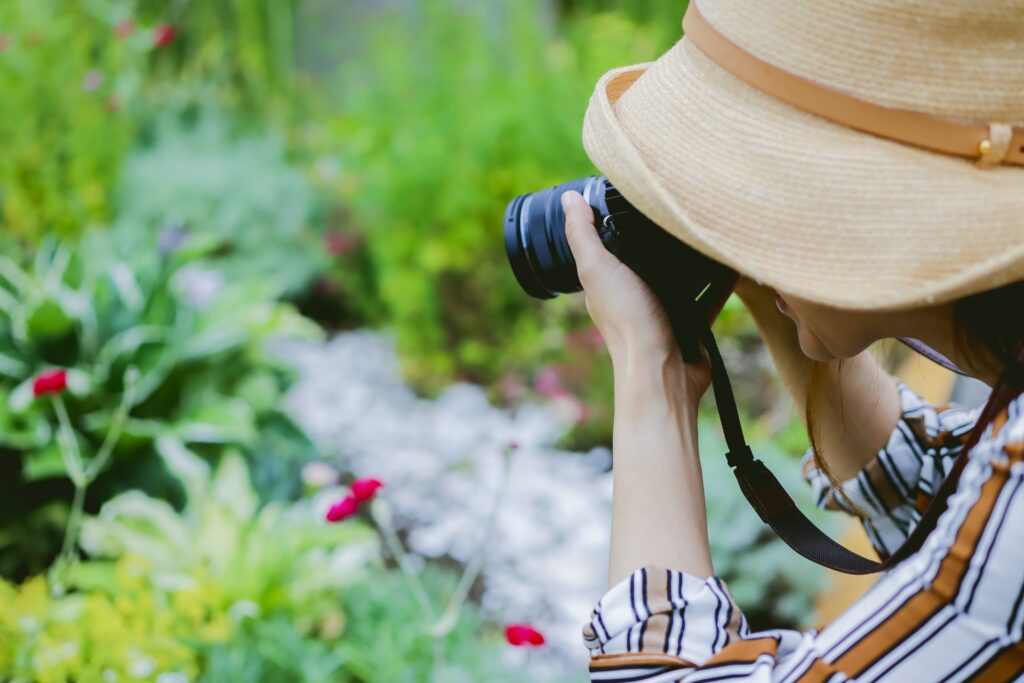 単焦点レンズで撮影を楽しむ女性のイメージ写真
