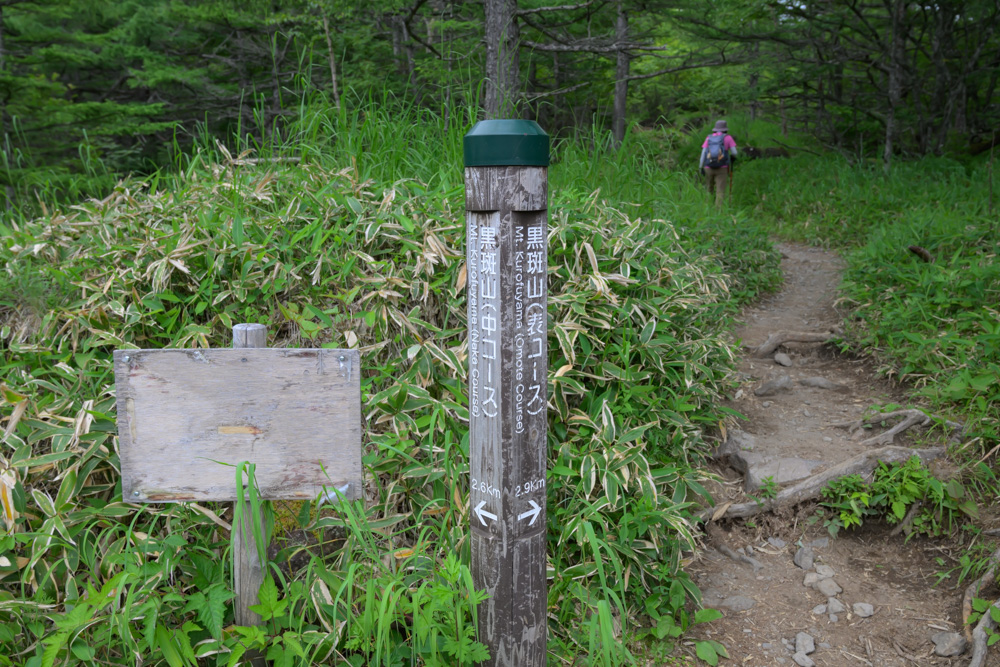 黒斑山登山口にある表コースと中コースの案内板