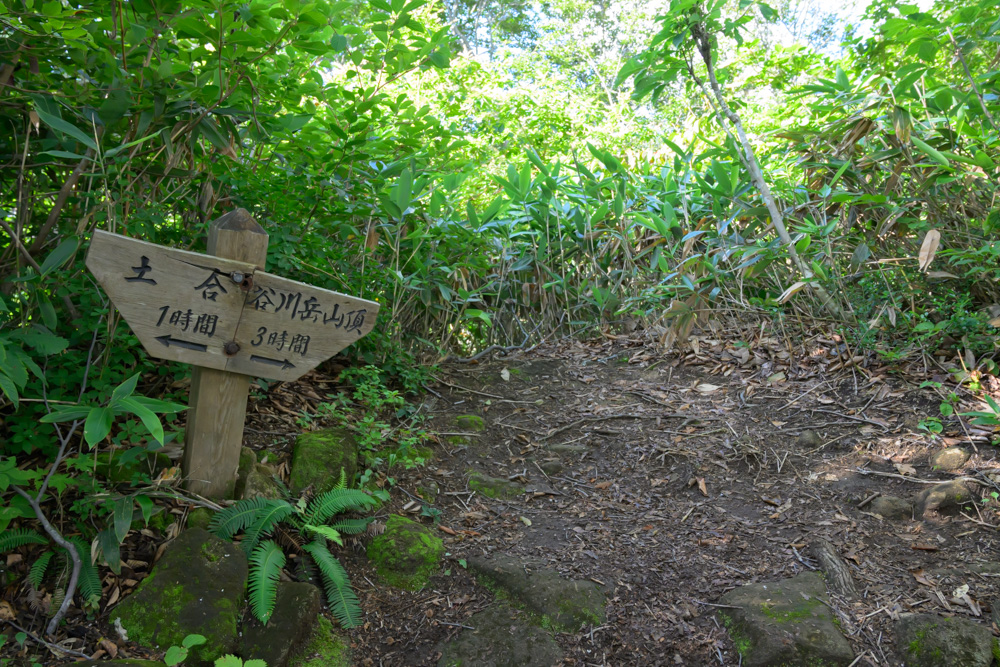 西黒尾根登山道の木製道標。土合まで1時間、谷川岳山頂まで3時間と書かれている