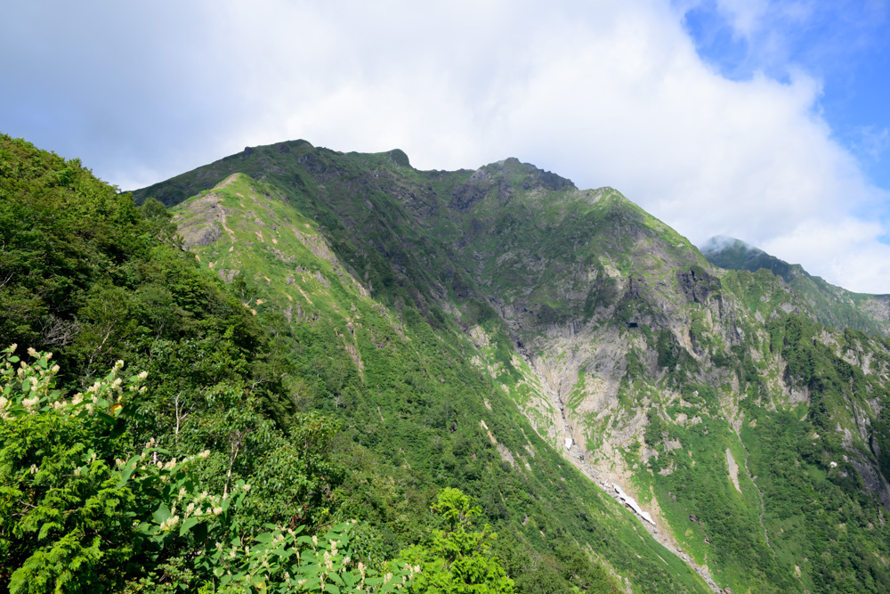 西黒尾根から望む谷川岳の稜線。急峻な岩壁と崩落地形が広がっている