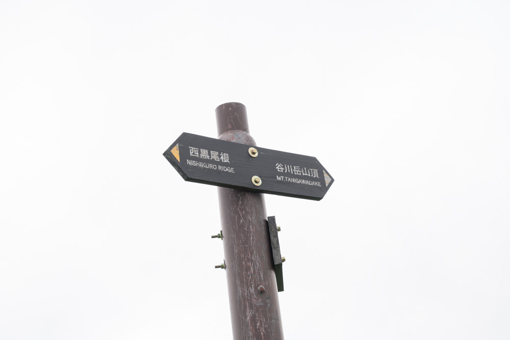 西黒尾根を登りきった場所の道標。西黒尾根と谷川岳山頂の分岐を示している