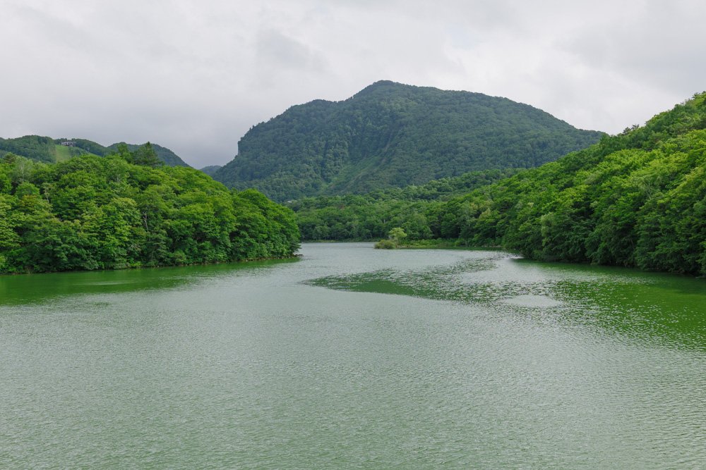 山々に囲まれた琵琶池の水面。緑がかった水の色が特徴的。